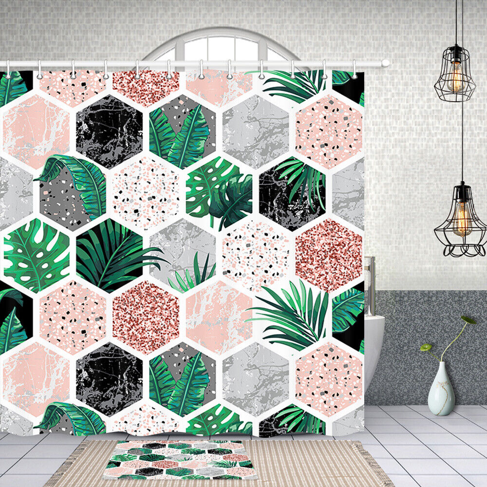 Creative Tropical Beehive Leaves Bathroom Decoration Curtain with 12 Hooks