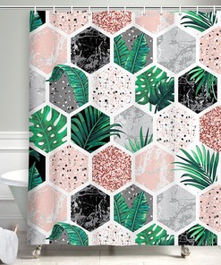 Creative Tropical Beehive Leaves Bathroom Decoration Curtain with 12 Hooks