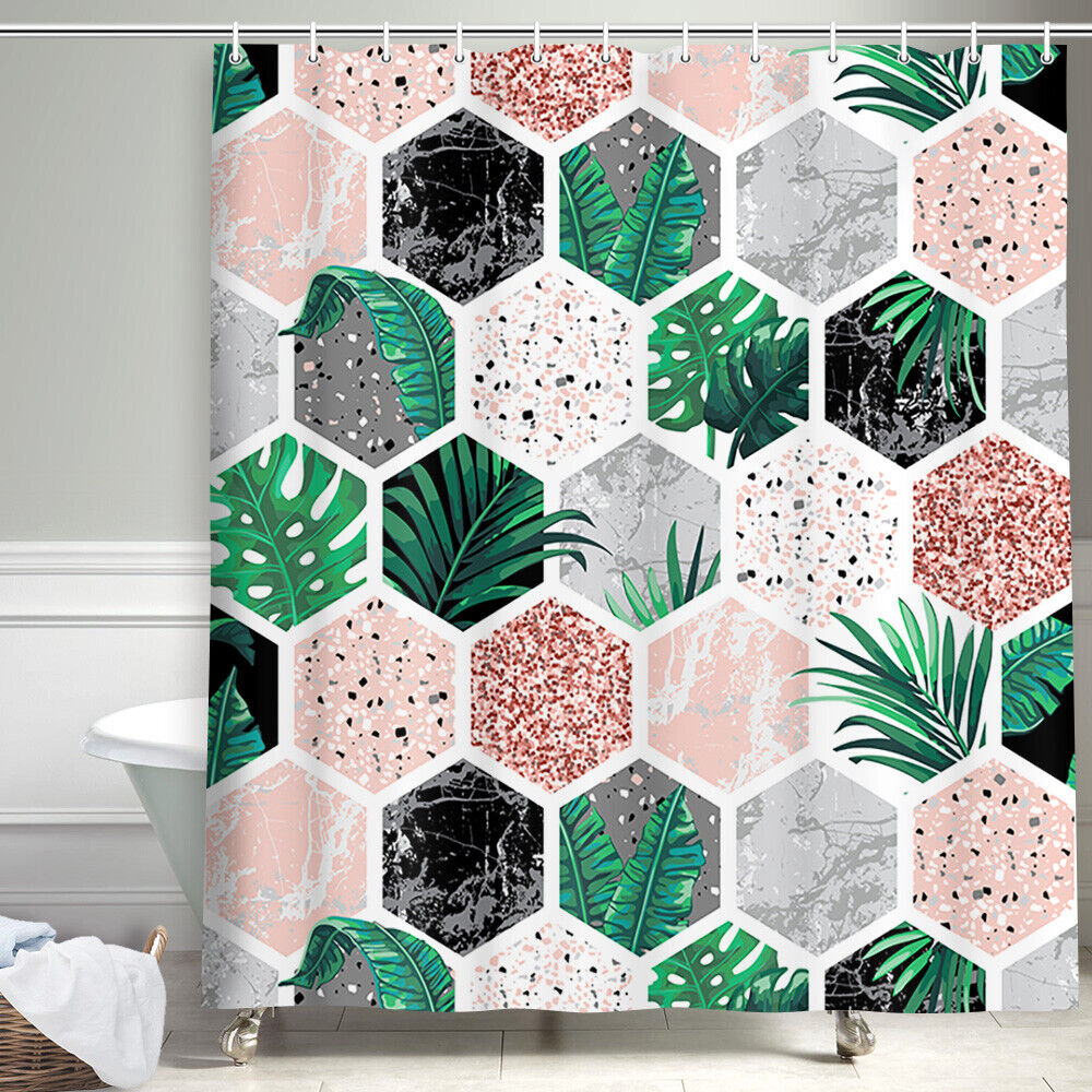 Creative Tropical Beehive Leaves Bathroom Decoration Curtain with 12 Hooks