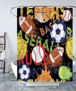 Creative Watercolor Sports Shower Curtain for Boys Teens with Basketball, Football, Baseball, Hockey and Stars Design