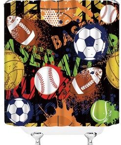 Creative Watercolor Sports Shower Curtain for Boys Teens with Basketball, Football, Baseball, Hockey and Stars Design