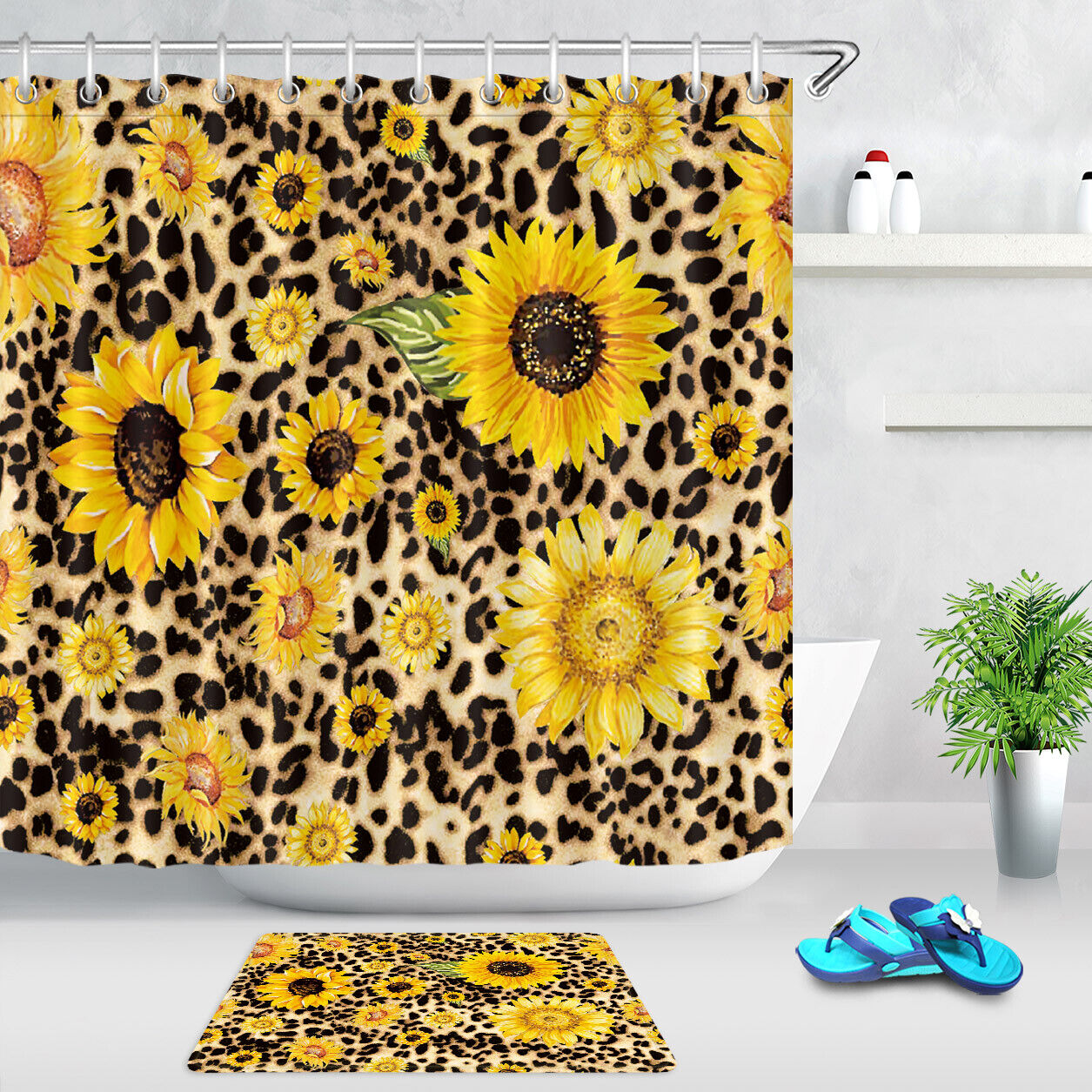 Creative Watercolor Sunflowers Leopard Print Shower Curtain for Bathroom Decor