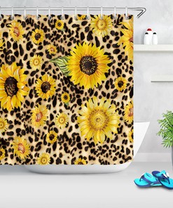 Creative Watercolor Sunflowers Leopard Print Shower Curtain for Bathroom Decor