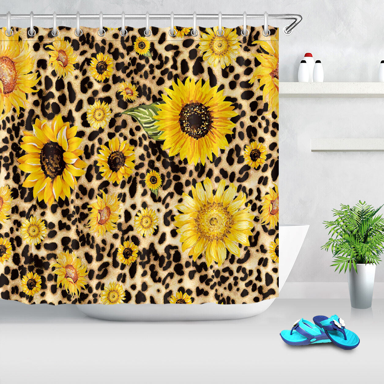 Creative Watercolor Sunflowers Leopard Print Shower Curtain for Bathroom Decor