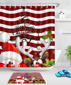Creative Xmas Tree and Red Stripes Santa Deer Shower Curtain