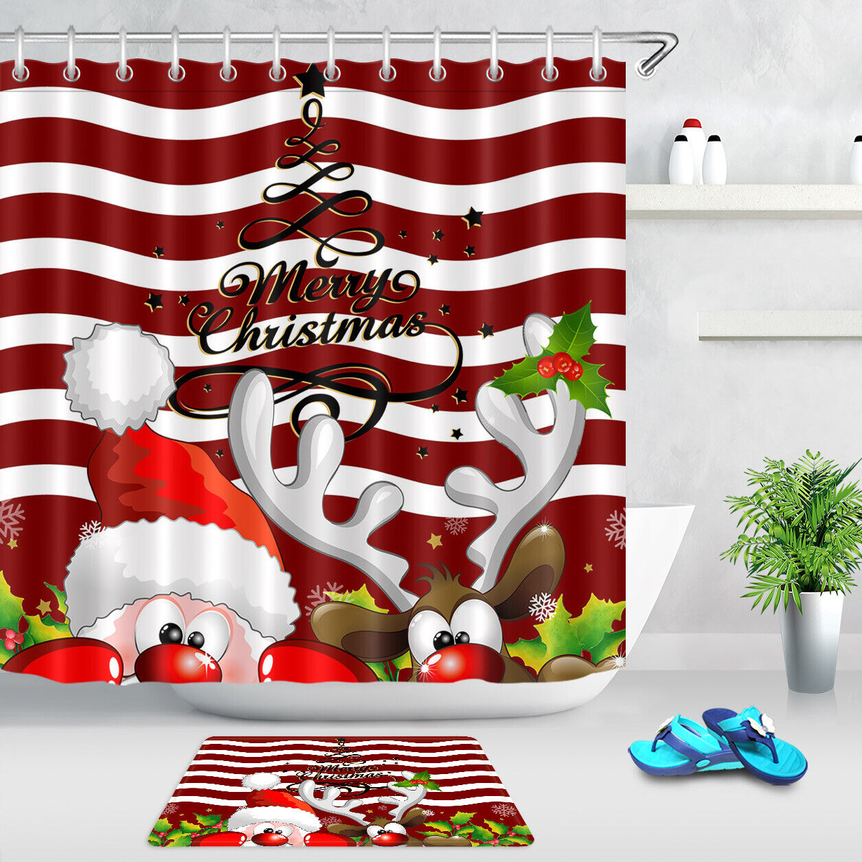 Creative Xmas Tree and Red Stripes Santa Deer Shower Curtain