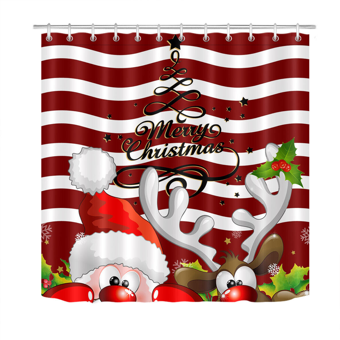Creative Xmas Tree and Red Stripes Santa Deer Shower Curtain