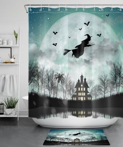 Creepy Halloween Castle And Witch Print Shower Curtain For Bathroom Decor
