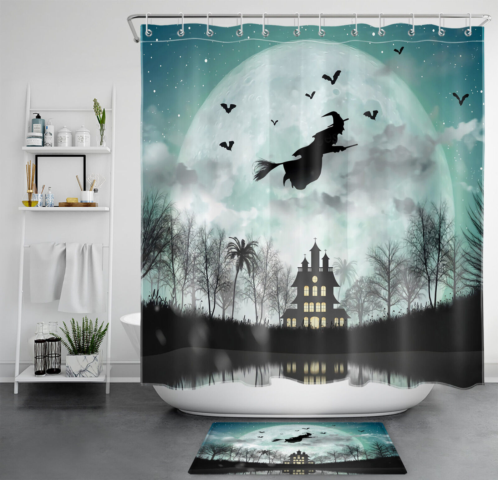 Creepy Halloween Castle And Witch Print Shower Curtain For Bathroom Decor