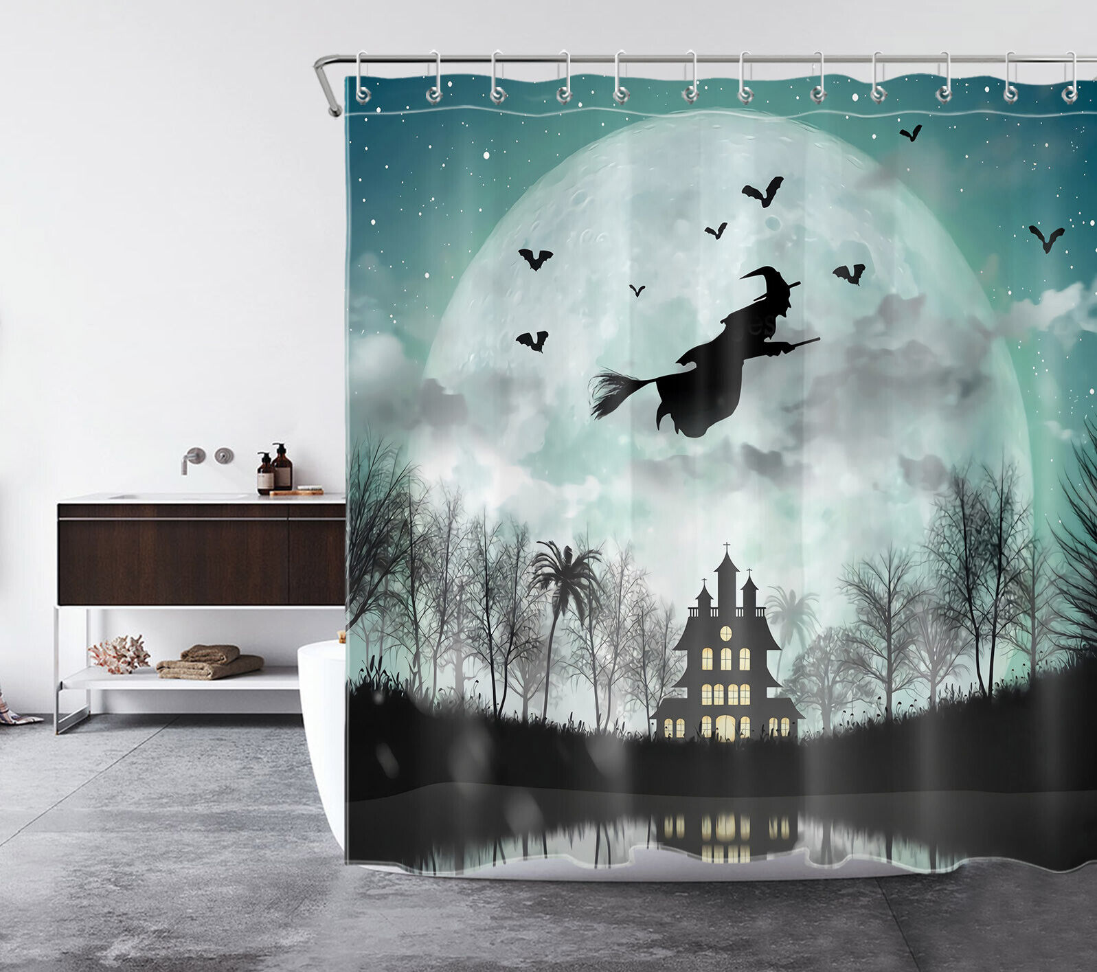 Creepy Halloween Castle And Witch Print Shower Curtain For Bathroom Decor - Image 2