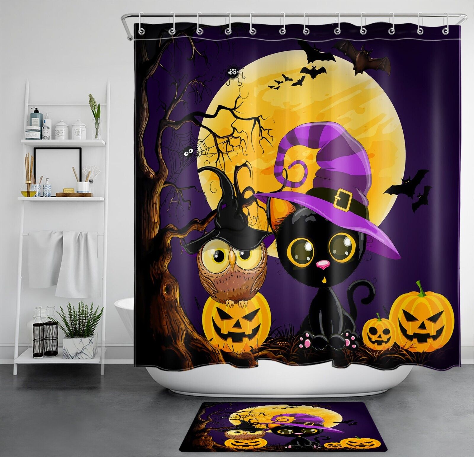 Creepy Halloween Shower Curtain With Cat Pumpkin For A Scary Bath