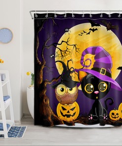 Creepy Halloween Shower Curtain With Cat Pumpkin For A Scary Bath