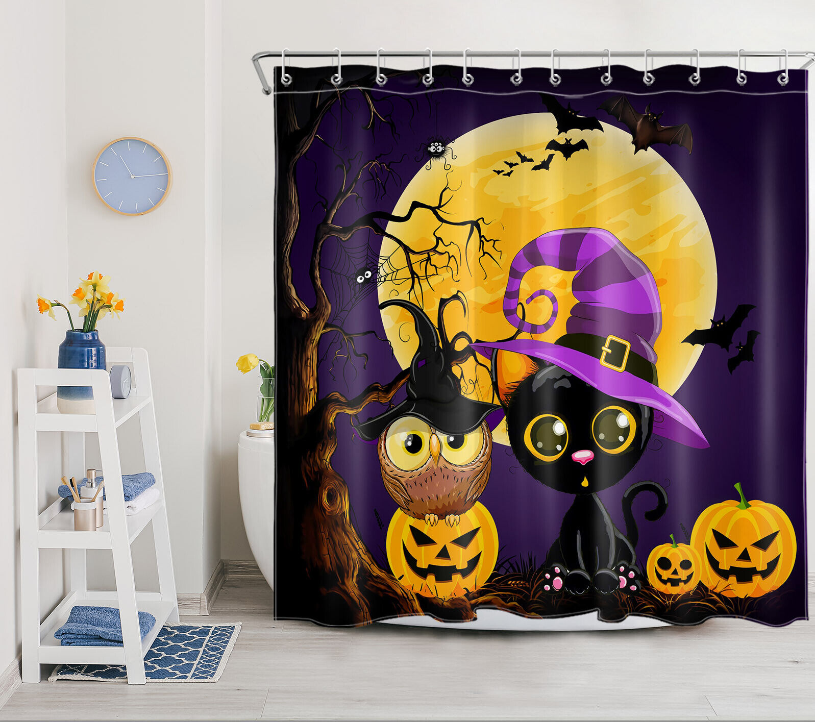 Creepy Halloween Shower Curtain With Cat Pumpkin For A Scary Bath
