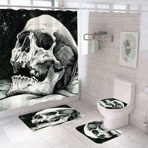Creepy Skull Skeleton Print Shower Curtain for a Halloween Bathroom Theme