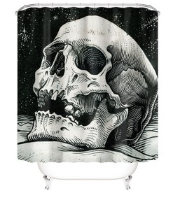 Creepy Skull Skeleton Print Shower Curtain for a Halloween Bathroom Theme