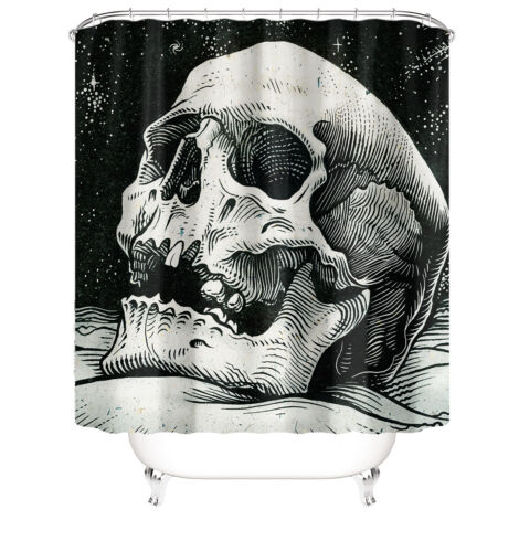 Creepy Skull Skeleton Print Shower Curtain for a Halloween Bathroom Theme