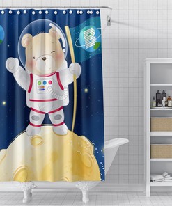 Crescent Moon Blue Teddy Bear Shower Curtain for Kids, Colorful Bath Decor