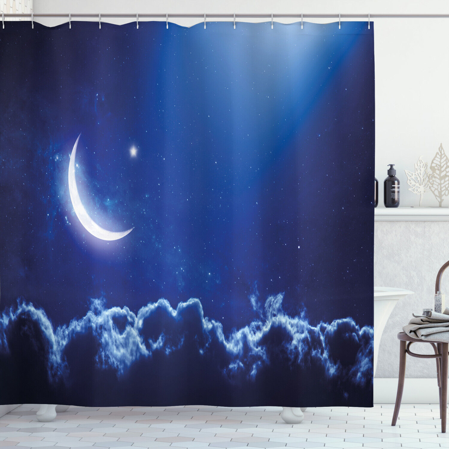 Crescent Moon and Stars Night Shower Curtain for a Cosmic Bathroom