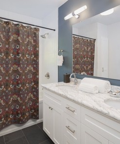 Crimson Strawberry Thief Shower Curtain, Machine Washable, Arts and Crafts Bath Curtain, Mission Decor