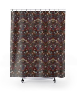 Crimson Strawberry Thief Shower Curtain, Machine Washable, Arts and Crafts Bath Curtain, Mission Decor