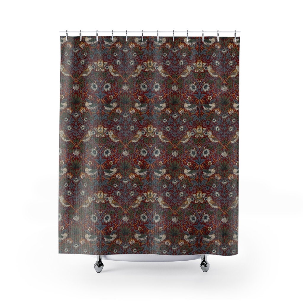Crimson Strawberry Thief Shower Curtain, Machine Washable, Arts and Crafts Bath Curtain, Mission Decor