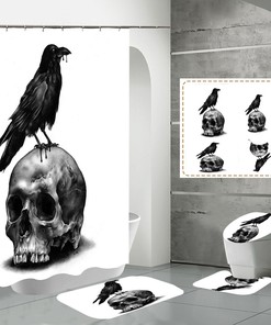 Crow Print Skull Shower Curtain - Gothic Bathroom Decor with Skeleton Theme