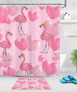Crown Flamingos Pink Hearts Shower Curtain for Bathroom Decor