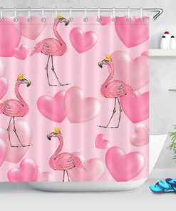 Crown Flamingos Pink Hearts Shower Curtain for Bathroom Decor