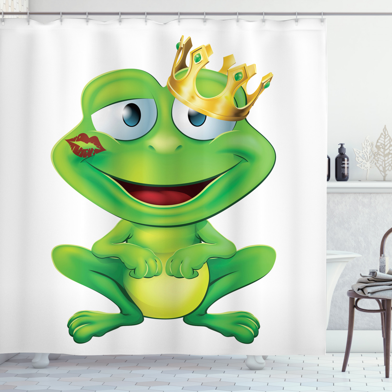 Crowned Frog Prince Print Colorful Shower Curtain For Kids' Bathroom Decor