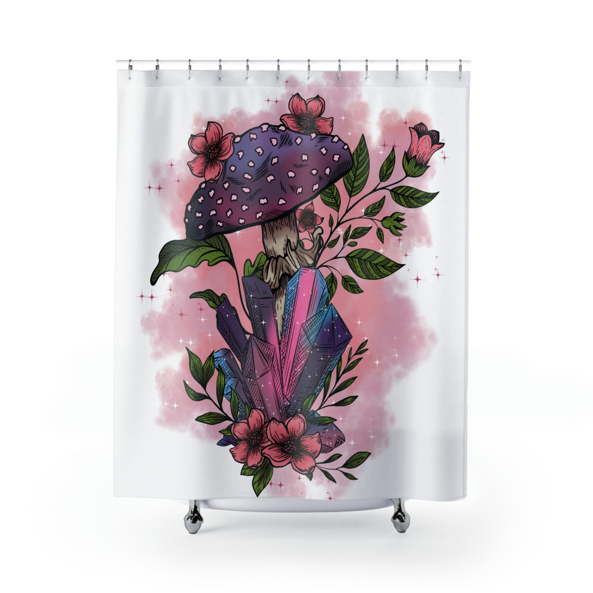 Crystal and Mushroom Shower Curtain - Nature Inspired Bathroom Decor