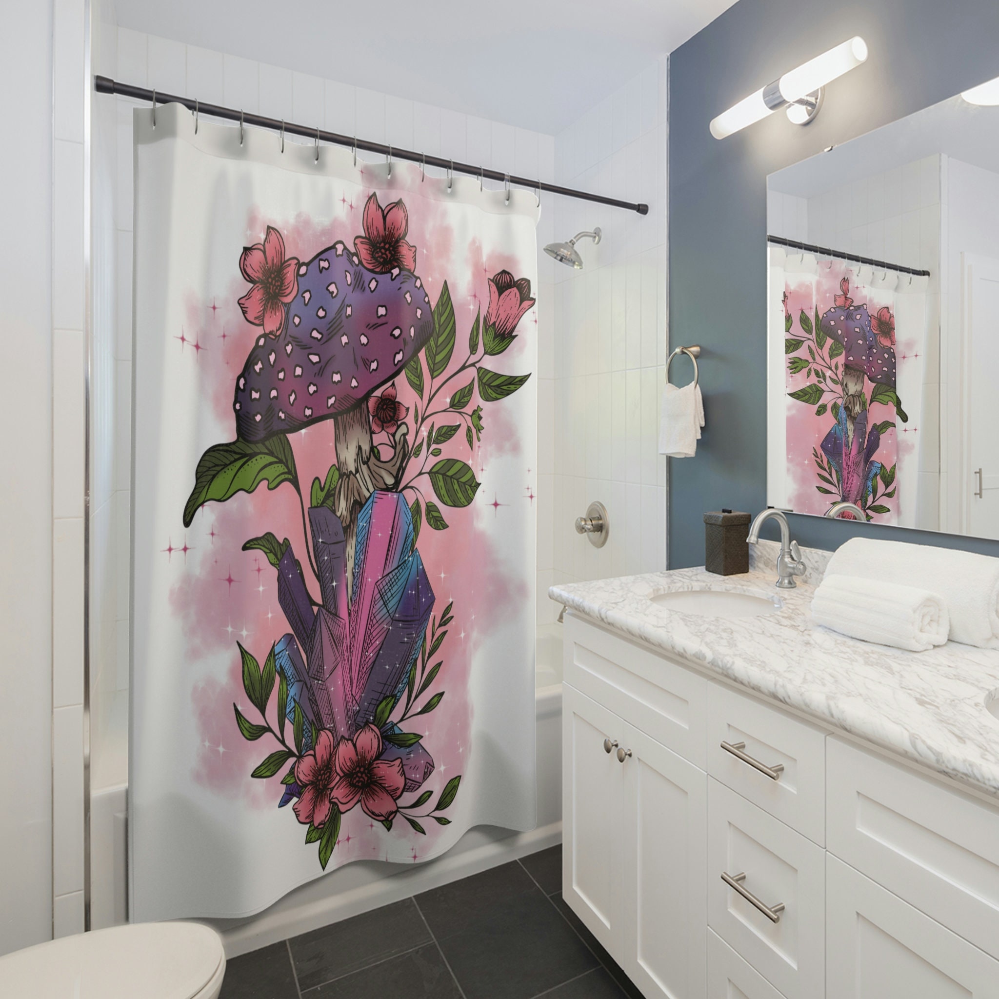 Crystal and Mushroom Shower Curtain - Nature Inspired Bathroom Decor