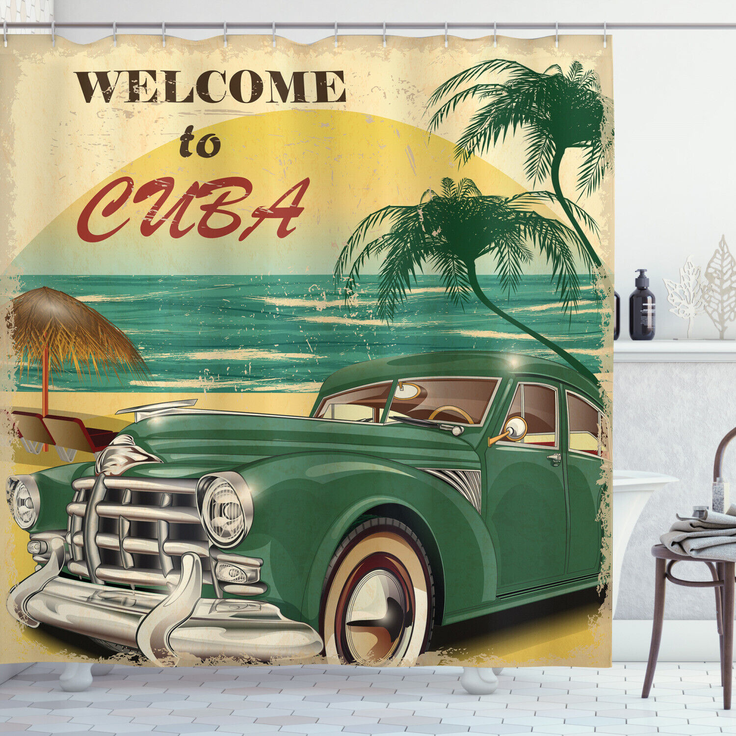 Cuba Beach Ocean Palm Shower Curtain for Exotic Bathroom Decor