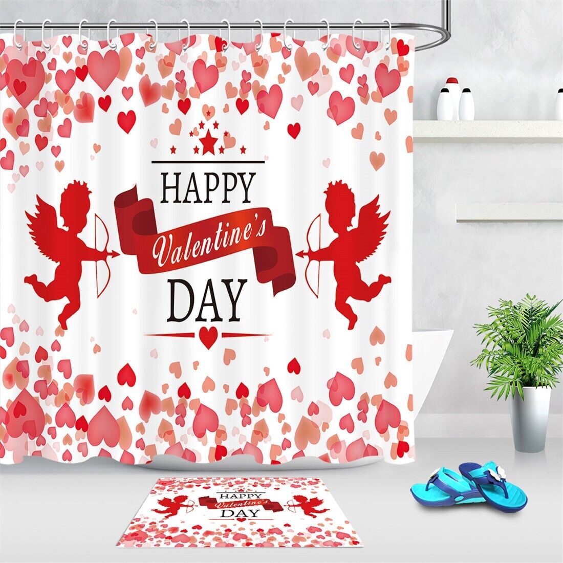 Cupid Angels Red Heart Patterns Shower Curtain | Valentine's Day Bathroom Decor