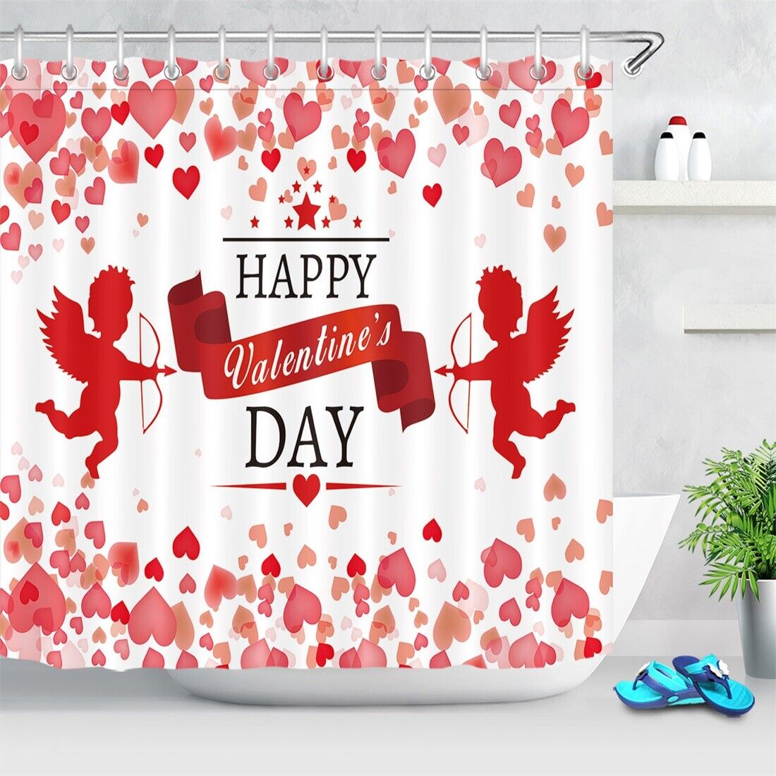 Cupid Angels Red Heart Patterns Shower Curtain | Valentine's Day Bathroom Decor