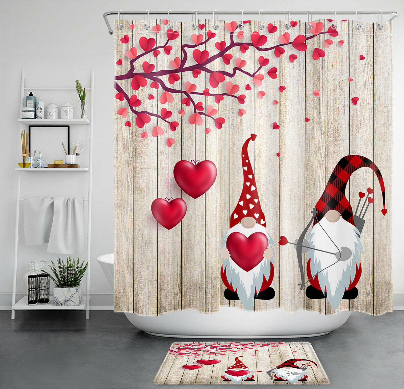 Cupid Gnome Red Hearts Rustic Planks Funny Shower Curtain - Valentine'S Day Bathroom Decor
