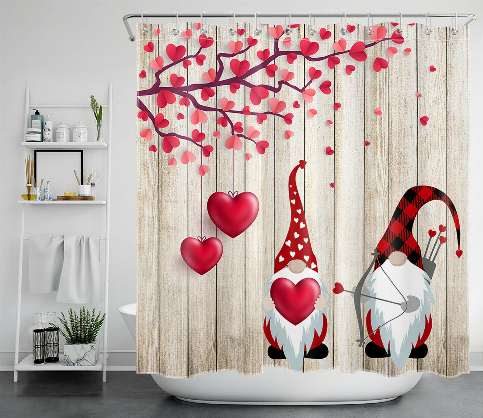 Cupid Gnome Red Hearts Rustic Planks Funny Shower Curtain - Valentine'S Day Bathroom Decor