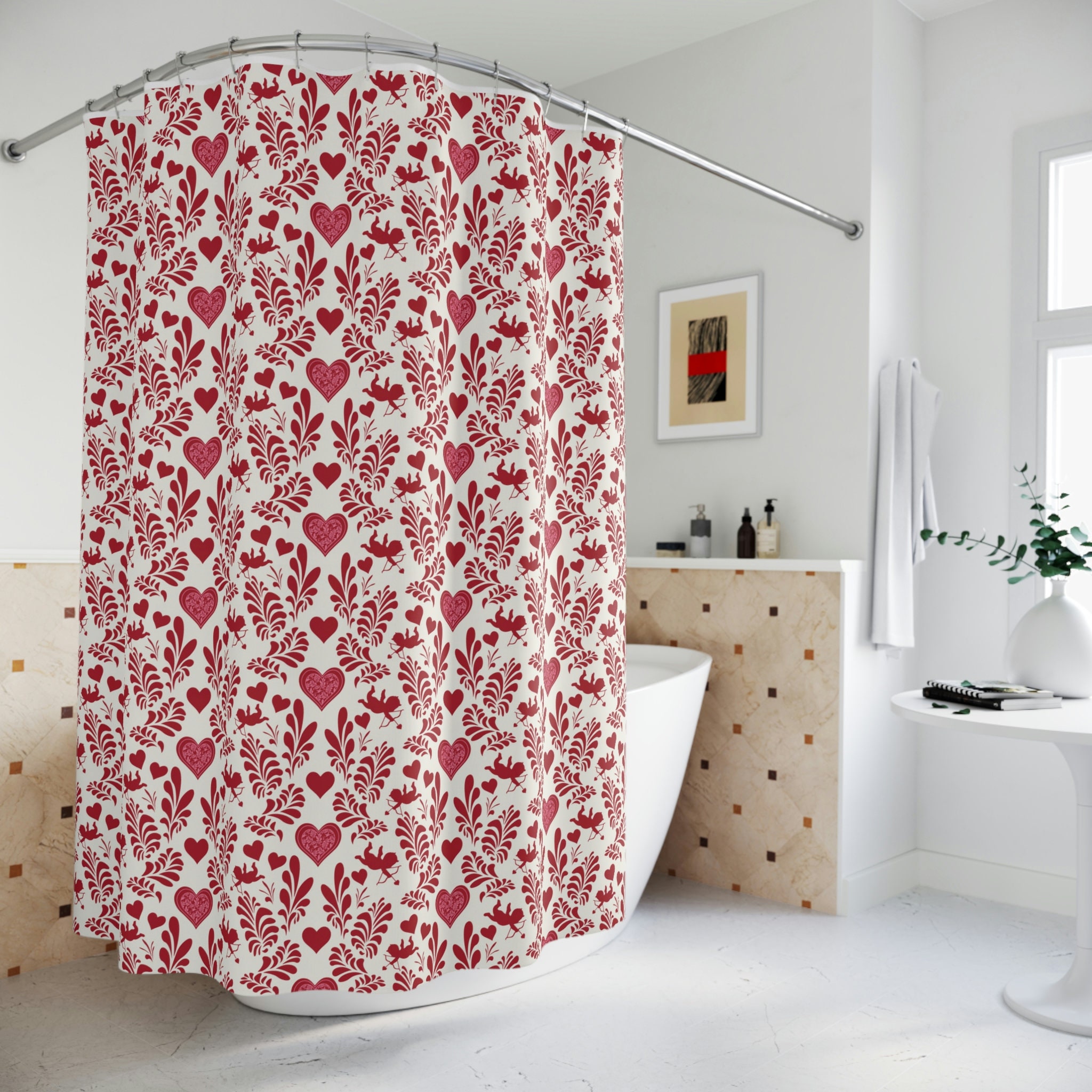 Cupids and Hearts Red Shower Curtain for Valentine's Day Bathroom Decor