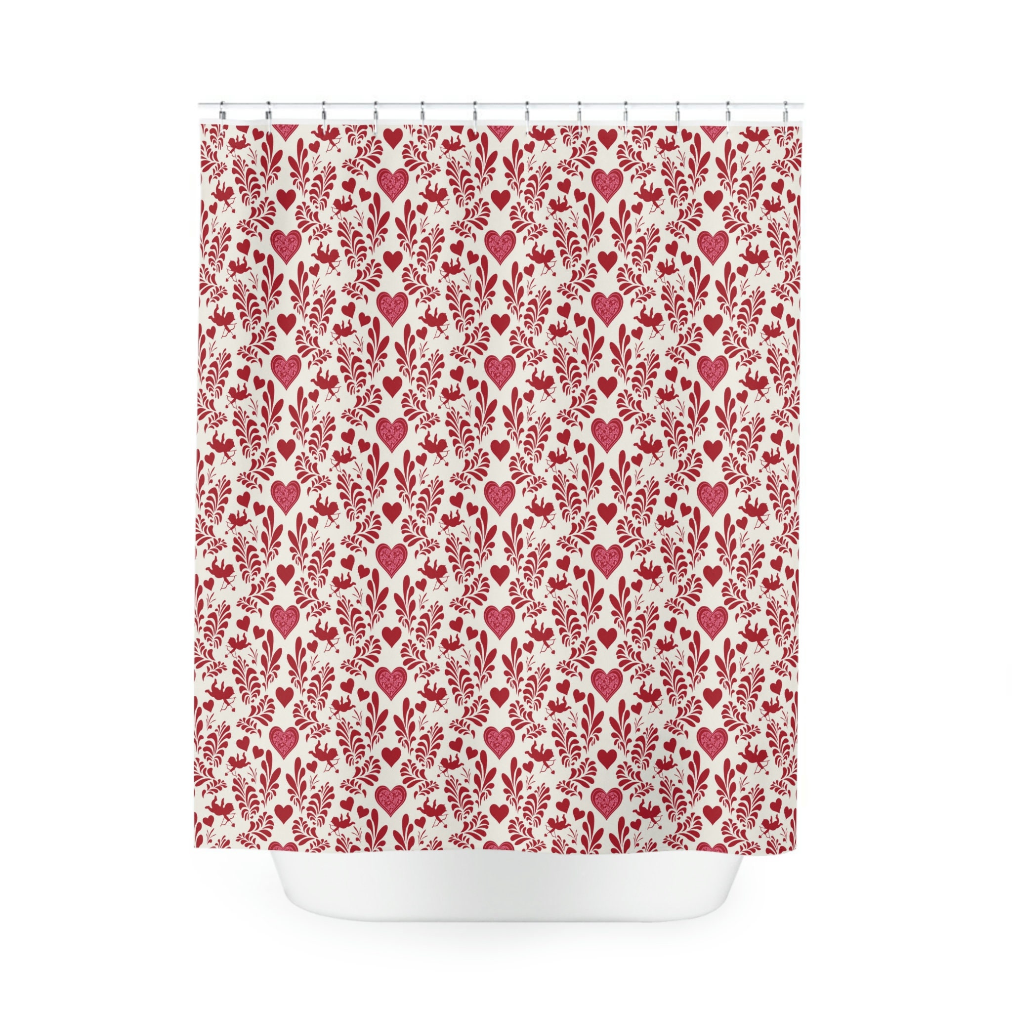 Cupids and Hearts Red Shower Curtain for Valentine's Day Bathroom Decor