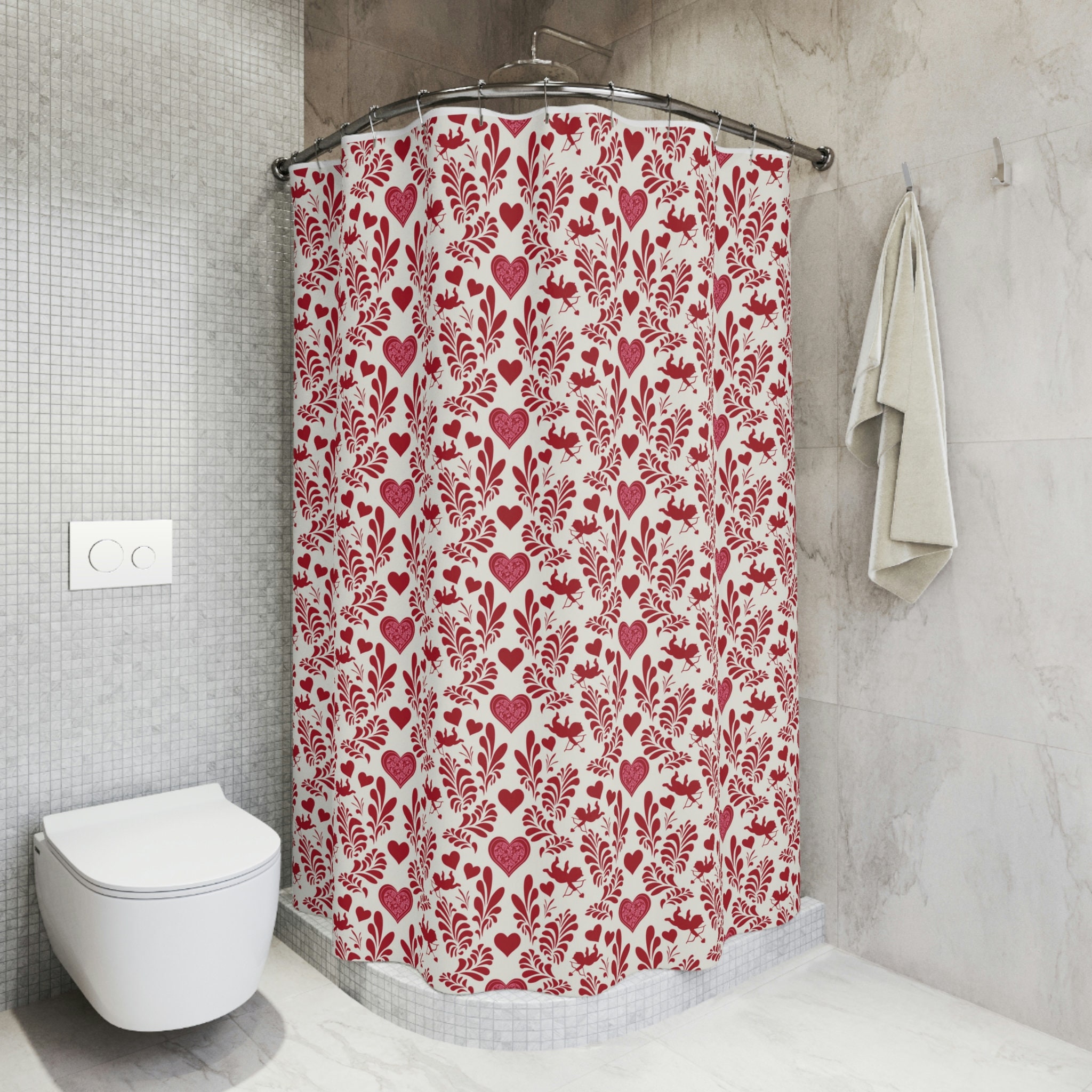Cupids and Hearts Red Shower Curtain for Valentine's Day Bathroom Decor