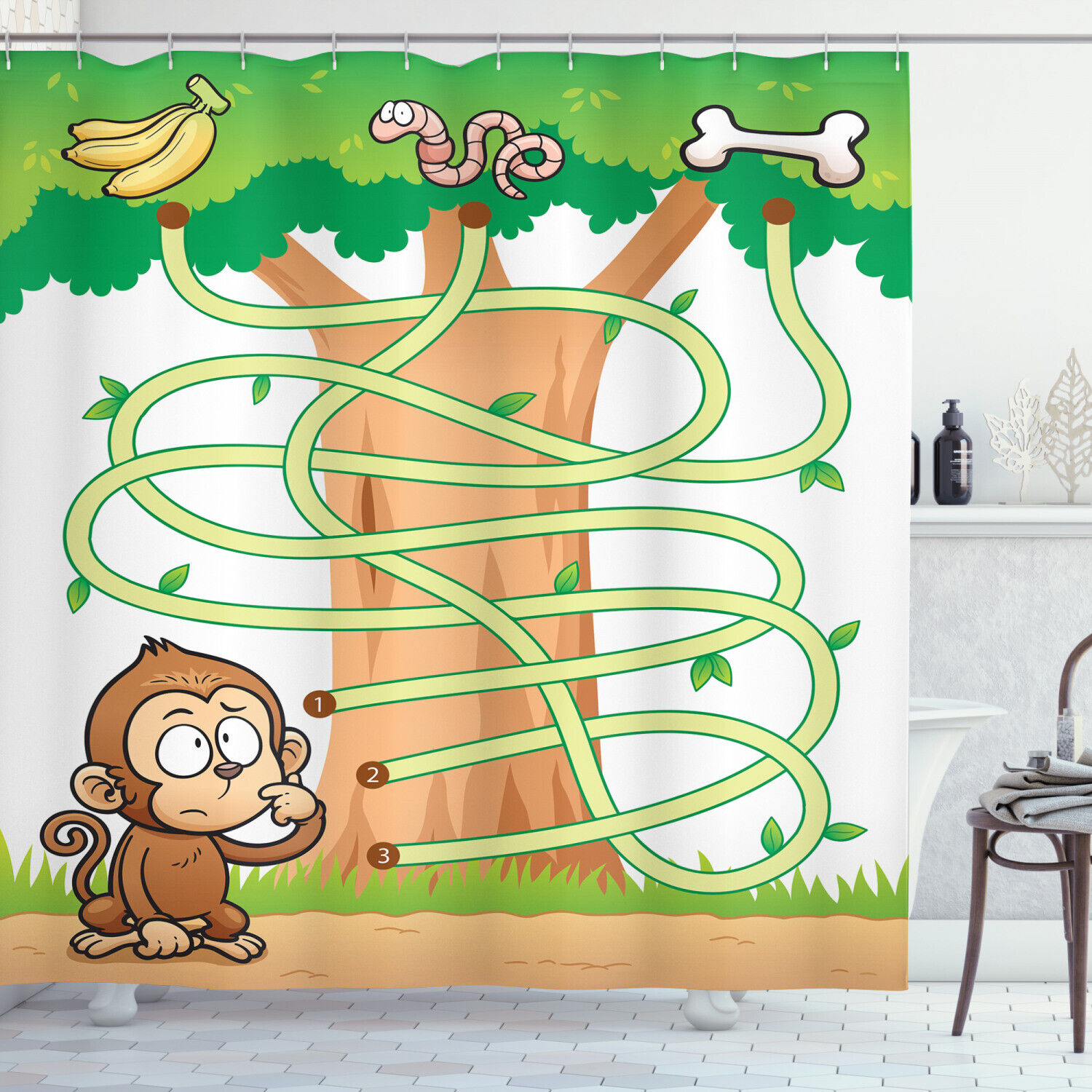 Curious Monkey Printed Children'S Activity-Themed Shower Curtain For Bathrooms