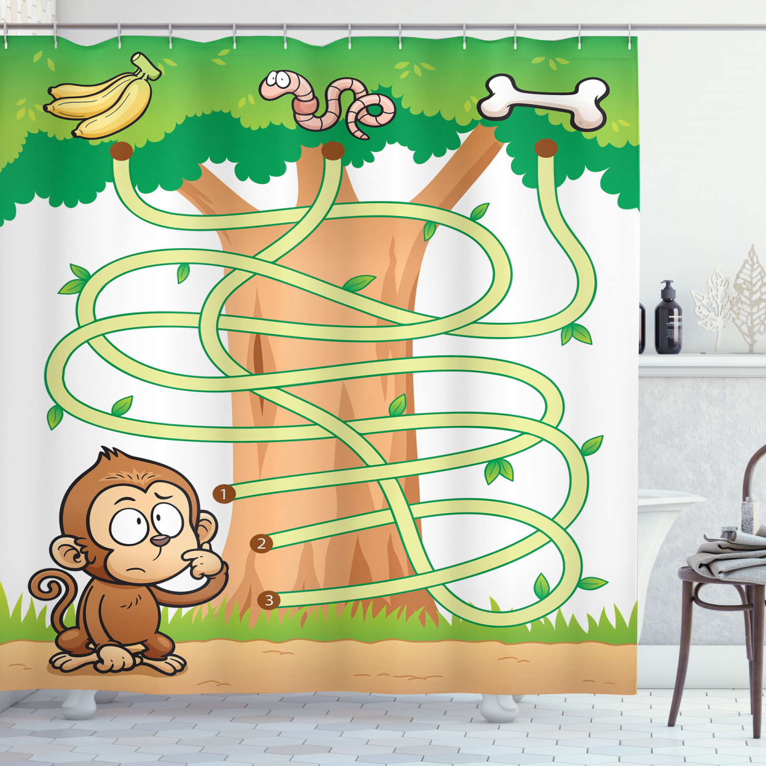 Curious Monkey Printed Children'S Activity-Themed Shower Curtain For Bathrooms - Image 3