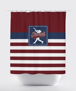 Custom Baseball Bathroom Shower Curtain In Navy Blue, Burgundy, And White Stripes