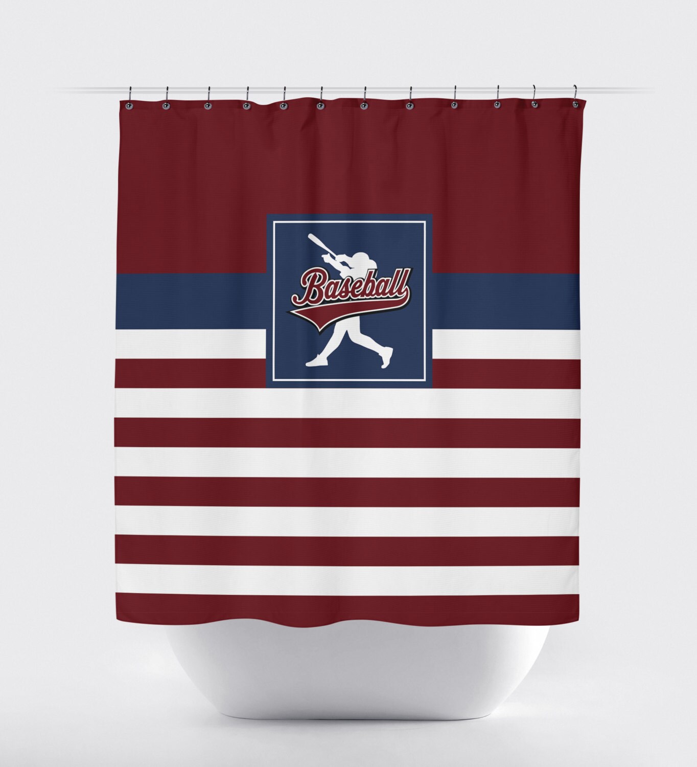 Custom Baseball Bathroom Shower Curtain In Navy Blue, Burgundy, And White Stripes