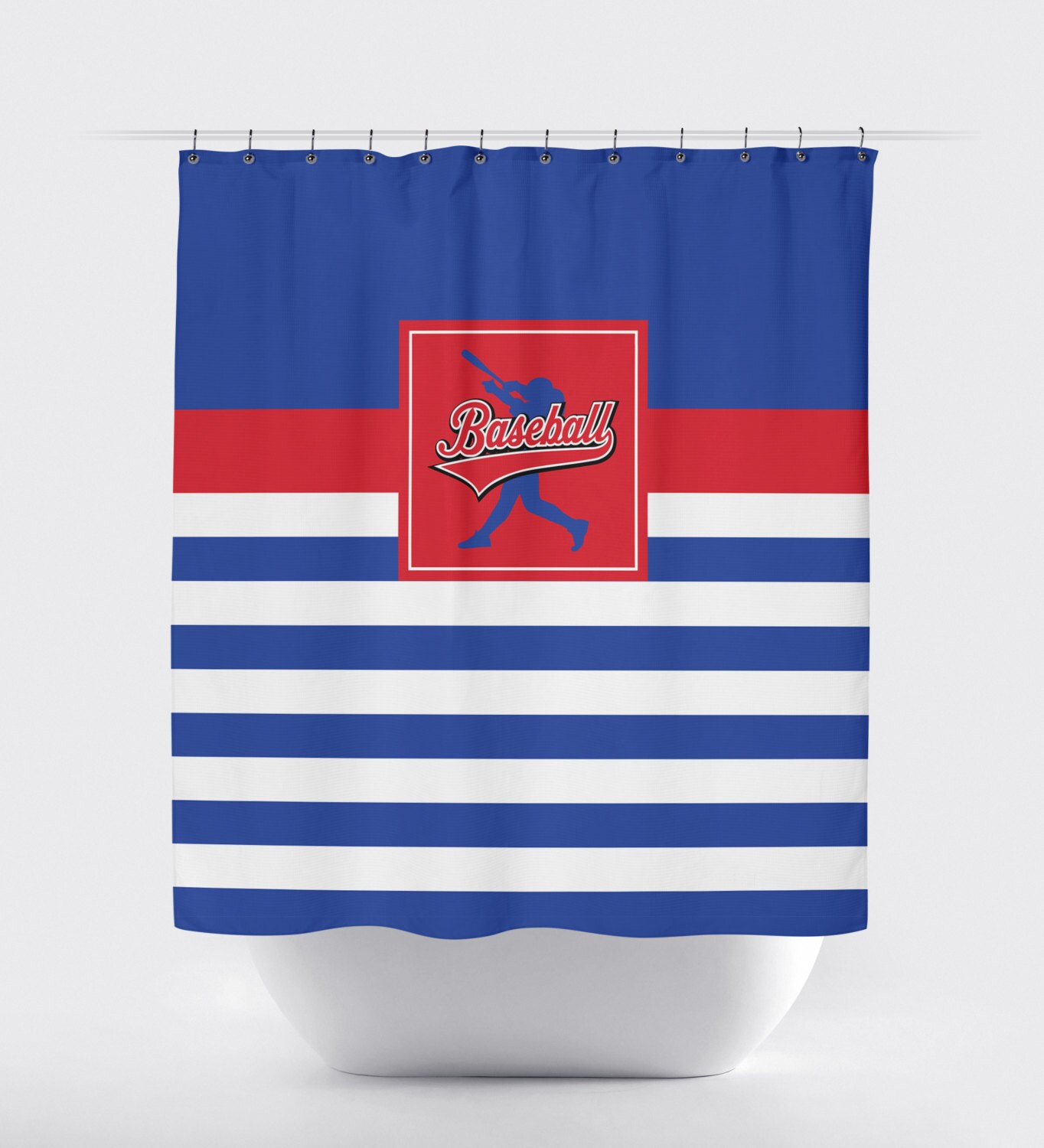 Custom Baseball Bathroom Shower Curtain In Navy Blue, Burgundy, And White Stripes - Image 2