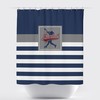 Custom Baseball Bathroom Shower Curtain In Navy Blue, Grey, And White Stripes