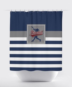 Custom Baseball Bathroom Shower Curtain In Navy Blue, Grey, And White Stripes