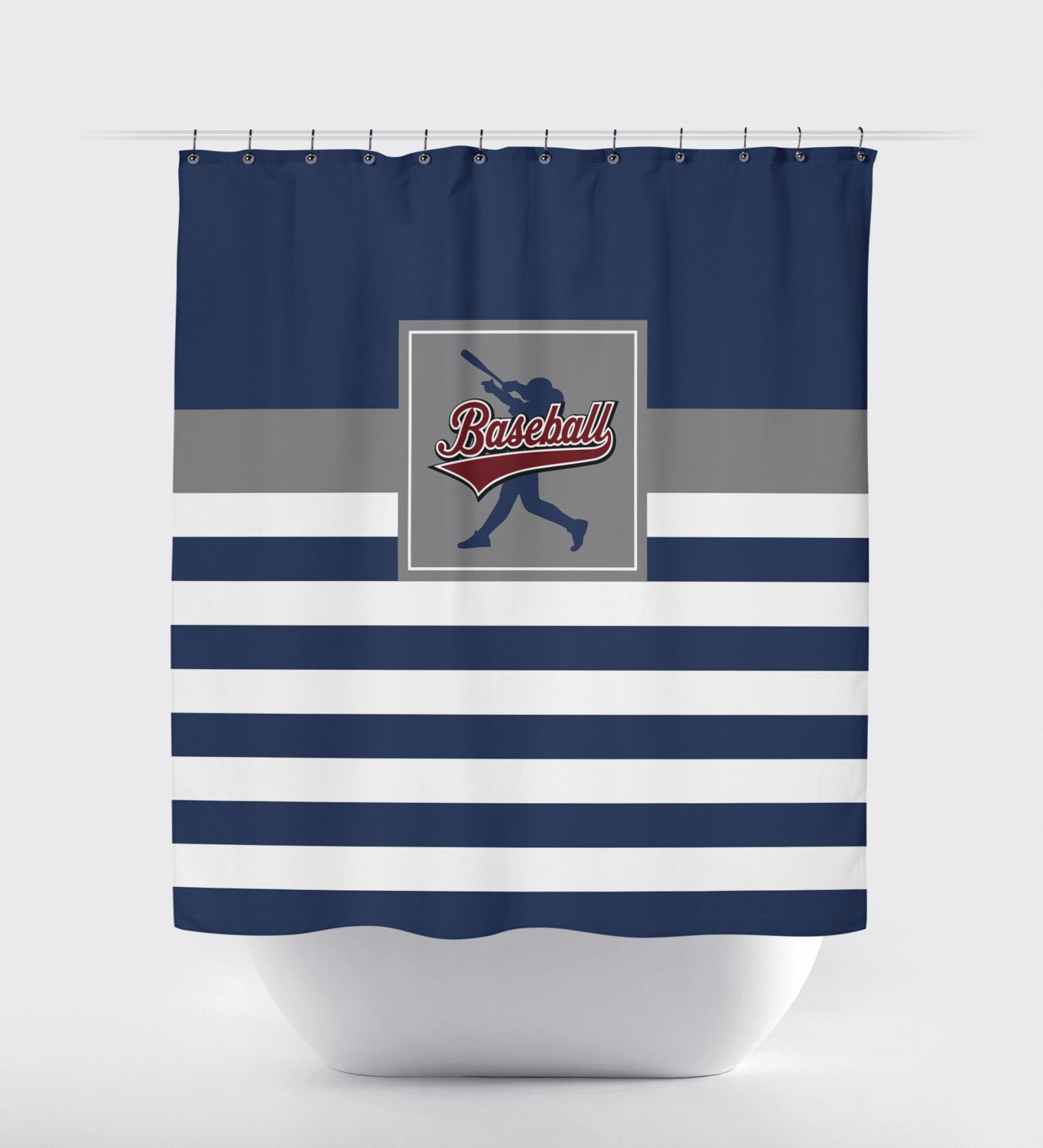 Custom Baseball Bathroom Shower Curtain In Navy Blue, Grey, And White Stripes
