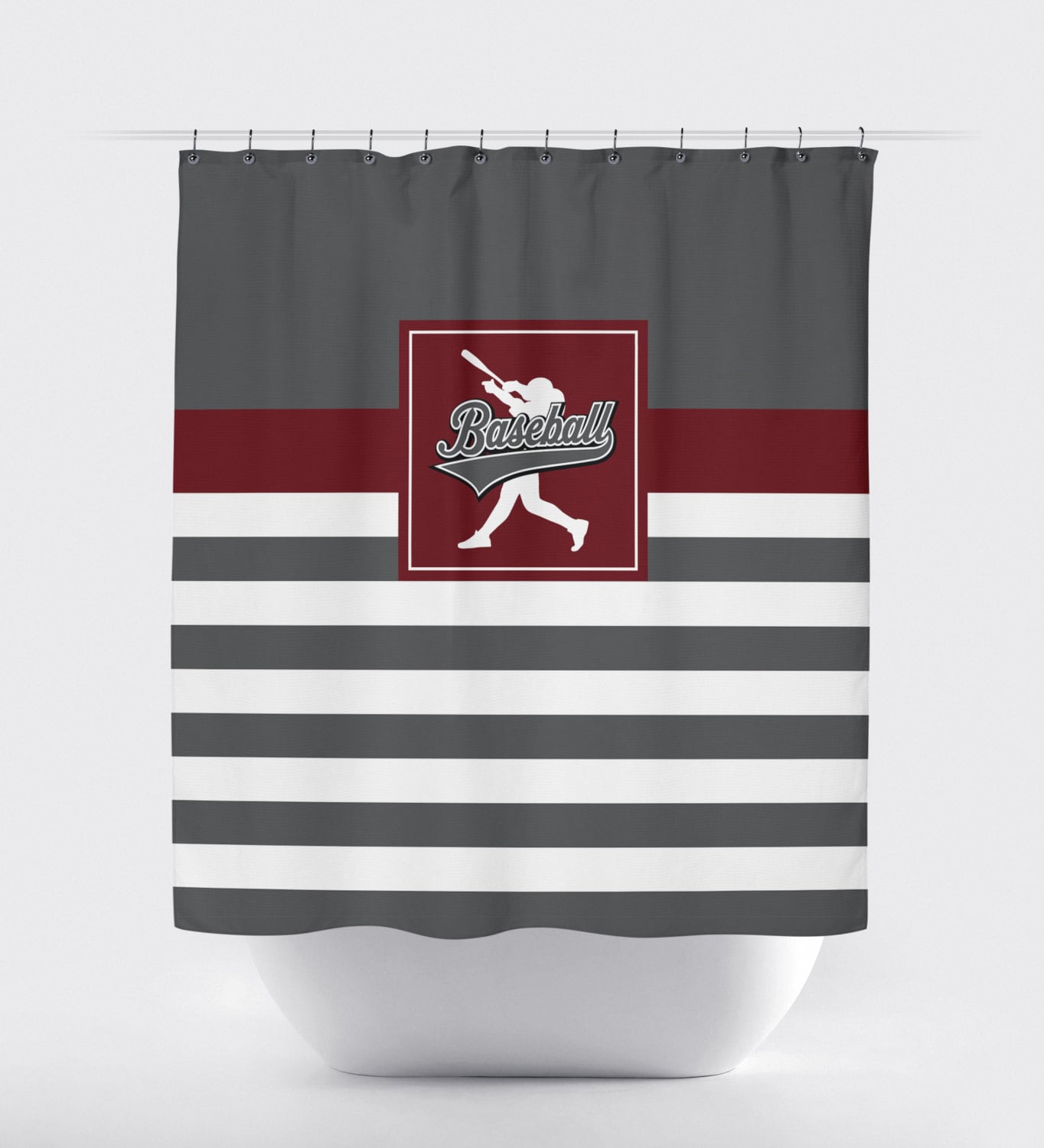 Custom Baseball Bathroom Shower Curtain In Navy Blue, Grey, And White Stripes - Image 3