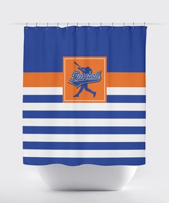 Custom Baseball Bathroom Shower Curtain In Royal Blue, Orange, And White Stripes