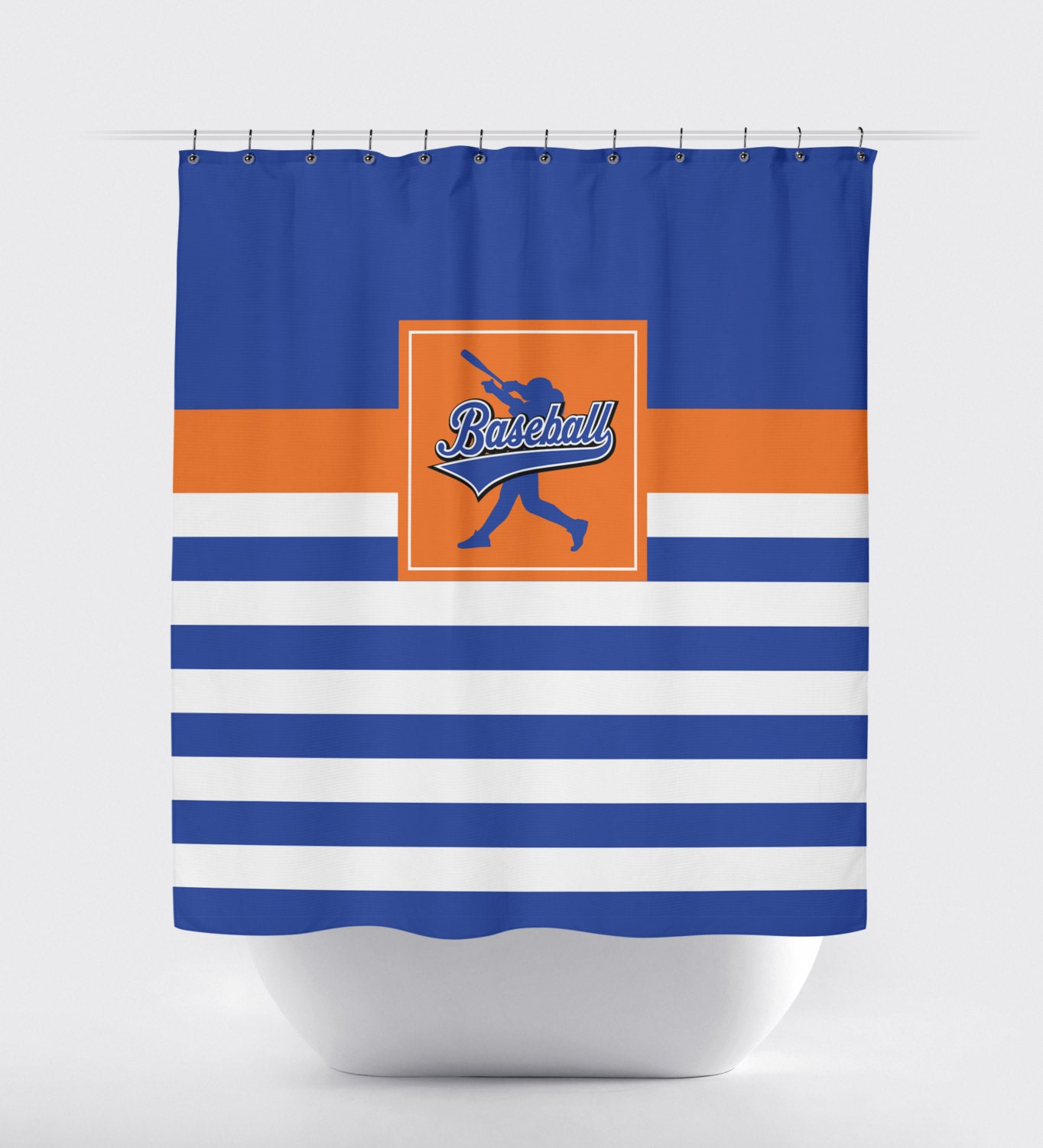 Custom Baseball Bathroom Shower Curtain In Royal Blue, Orange, And White Stripes